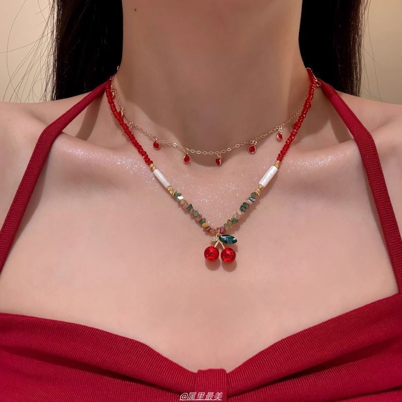 Pendant Beaded Layered Necklace Cherry