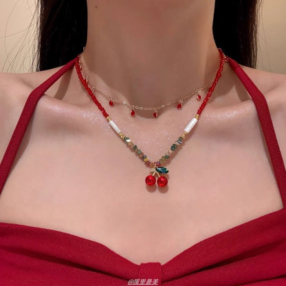 Pendant Beaded Layered Necklace Cherry