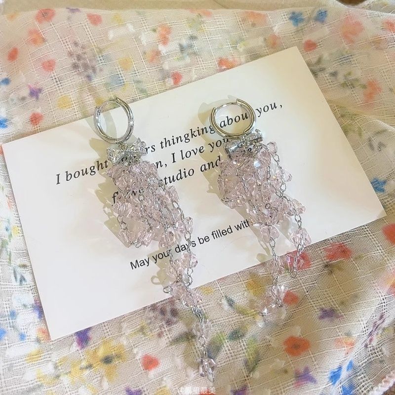 Earring Fringed Bow Rhinestone Huggie Drop