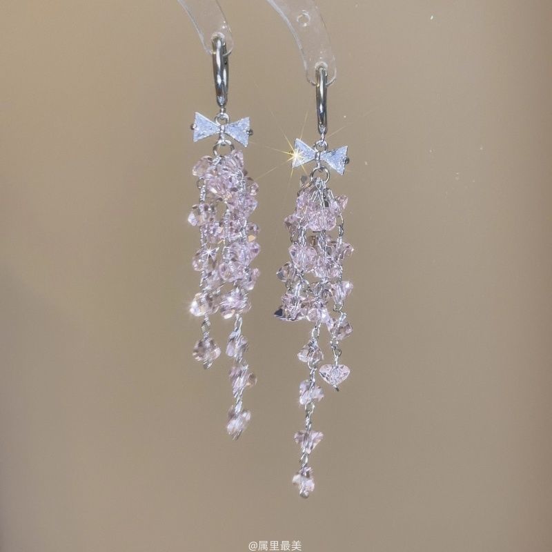 Earring Fringed Bow Rhinestone Huggie Drop