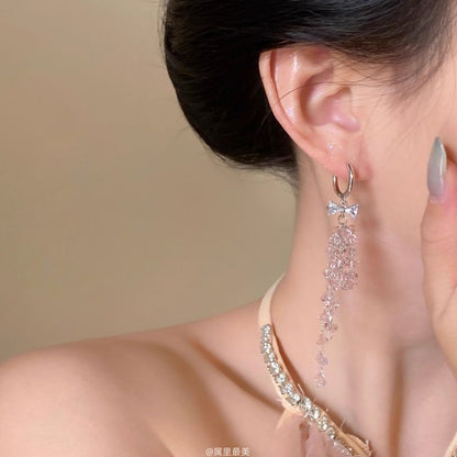 Earring Fringed Bow Rhinestone Huggie Drop