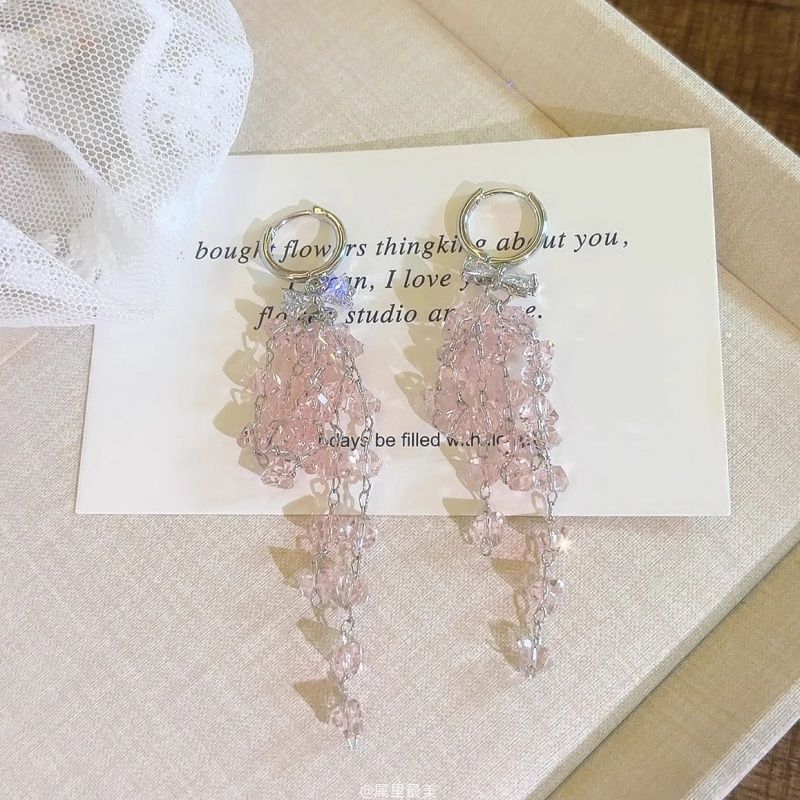 Earring Fringed Bow Rhinestone Huggie Drop