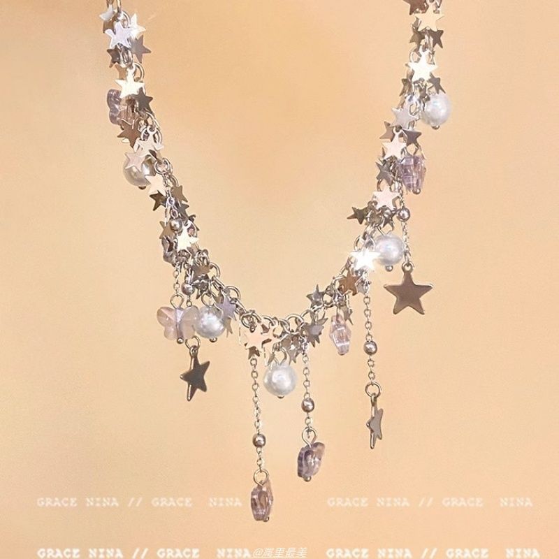 Necklace Faux Butterfly Pearl Fringed Star