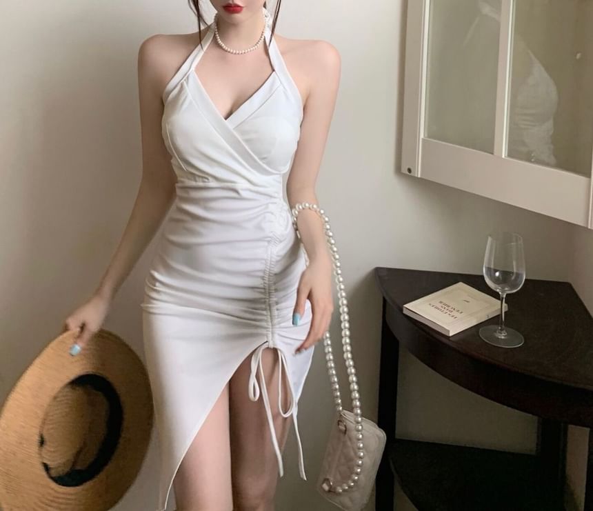 Halter Ruched Mini Sleeveless Dress