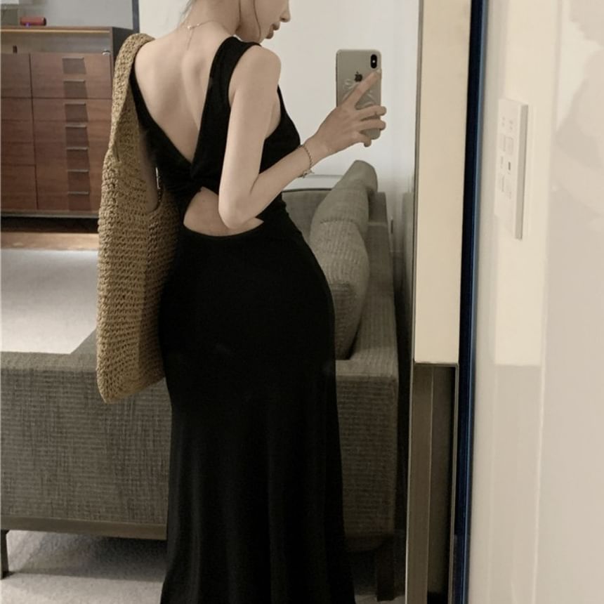 Neckline Dress Backless Sleeveless Maxi Bowknot