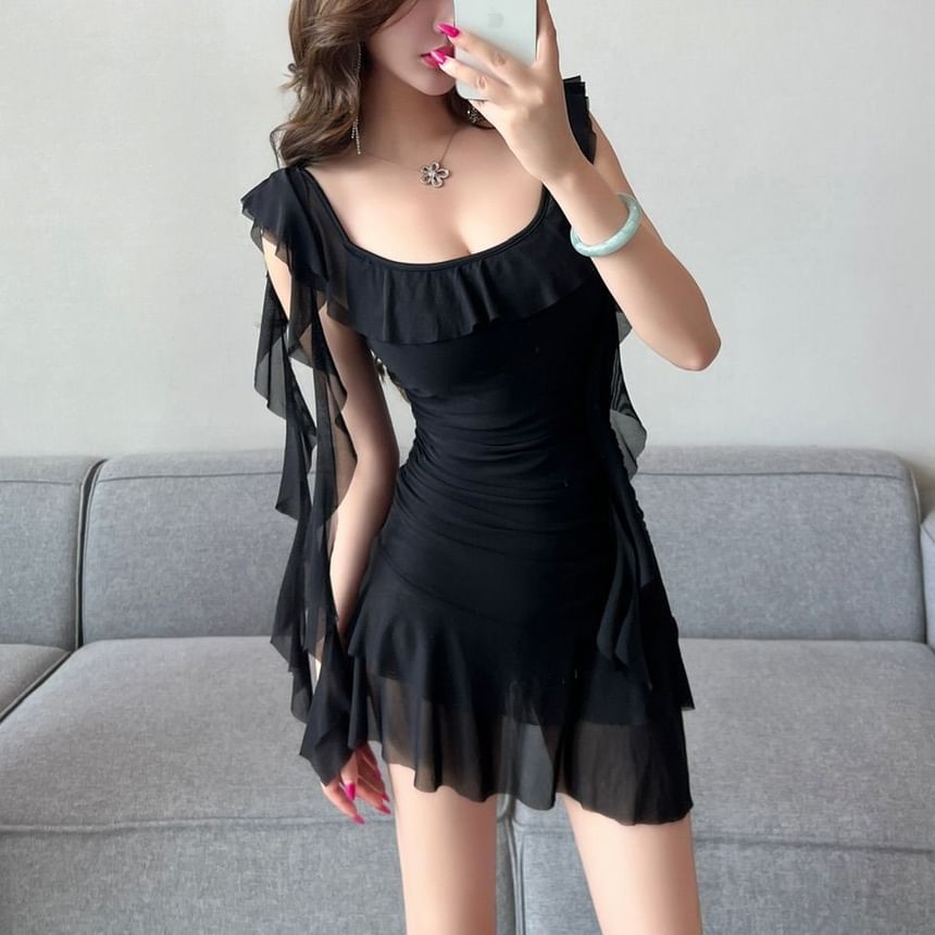 Butterfly Mini Sleeve Ruffle Dress Neckline