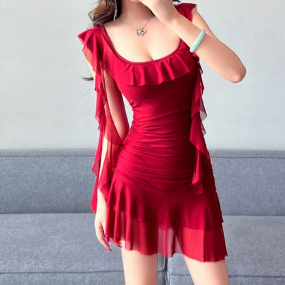 Butterfly Mini Sleeve Ruffle Dress Neckline
