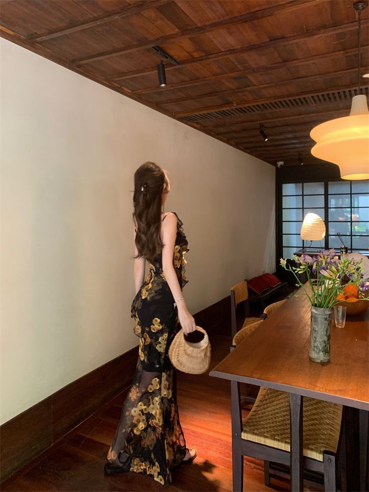 Sleeveless Neck Print Maxi Sweetheart Floral Dress