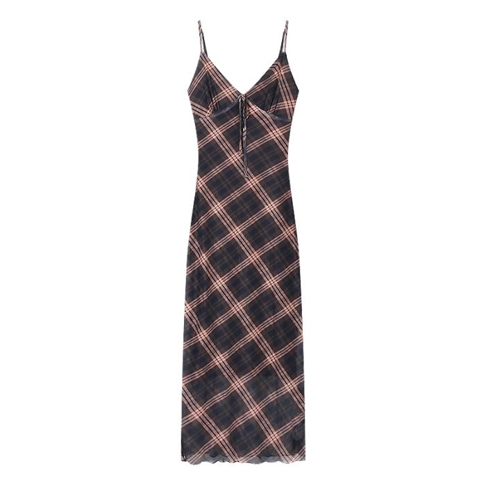 Maxi Plaid Sleeveless V-Neck Dress Print