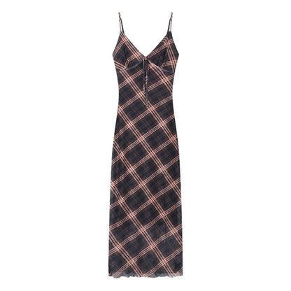 Maxi Plaid Sleeveless V-Neck Dress Print