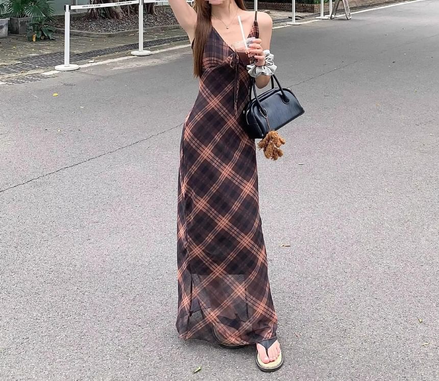 Maxi Plaid Sleeveless V-Neck Dress Print