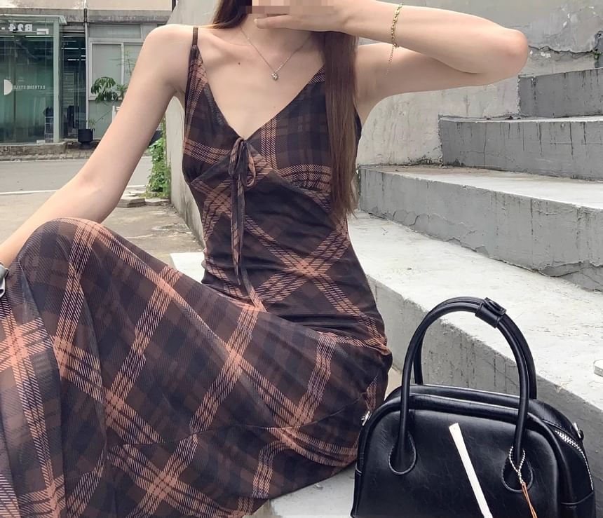 Maxi Plaid Sleeveless V-Neck Dress Print