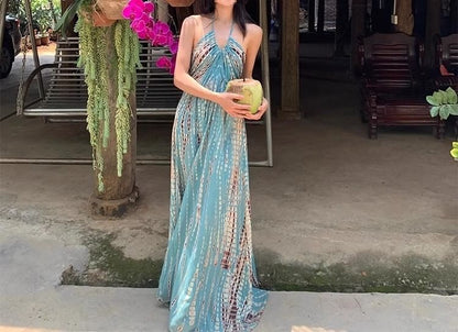 Neck Printed Sleeveless Maxi Dress Halter