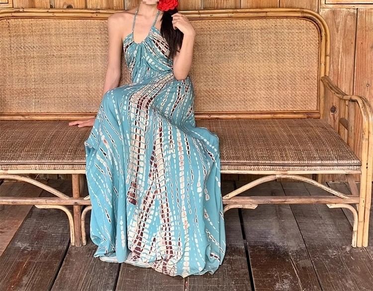 Neck Printed Sleeveless Maxi Dress Halter