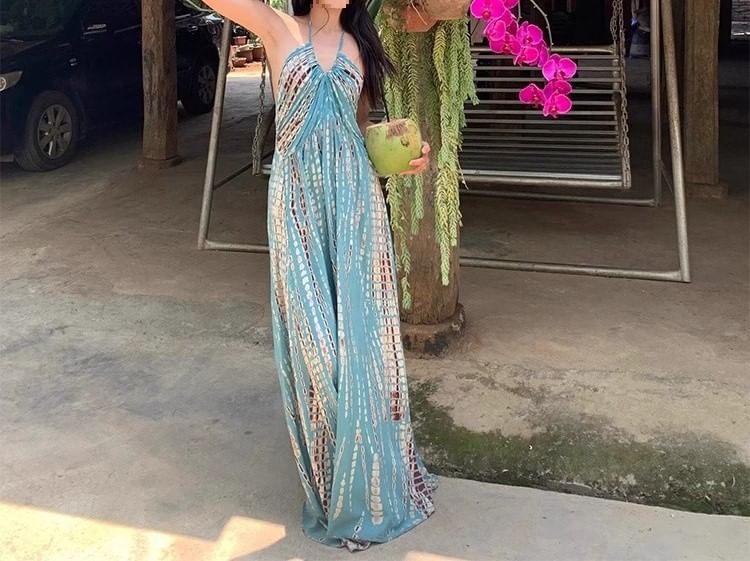 Neck Printed Sleeveless Maxi Dress Halter