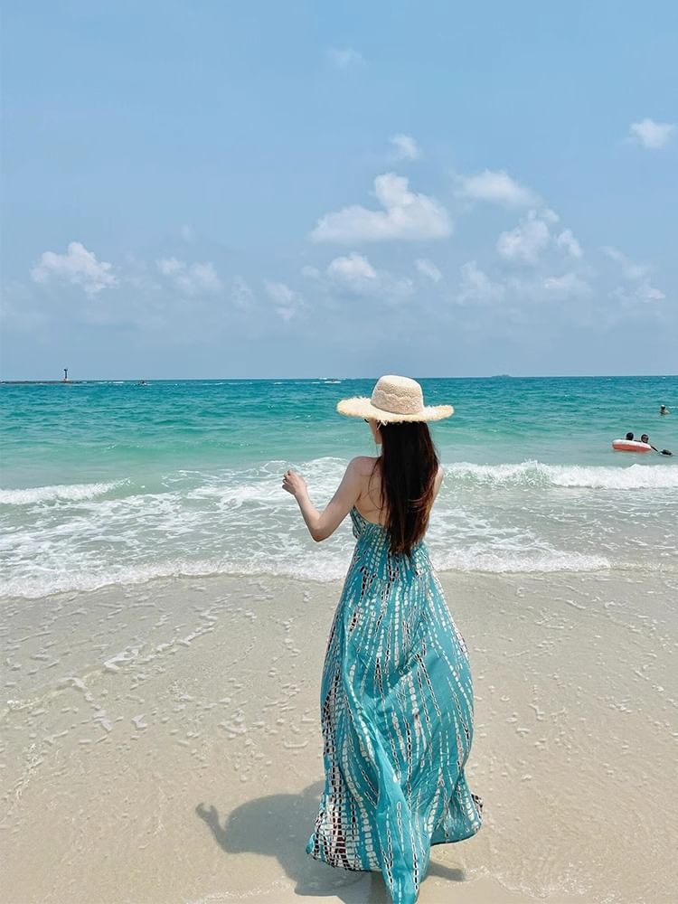 Neck Printed Sleeveless Maxi Dress Halter