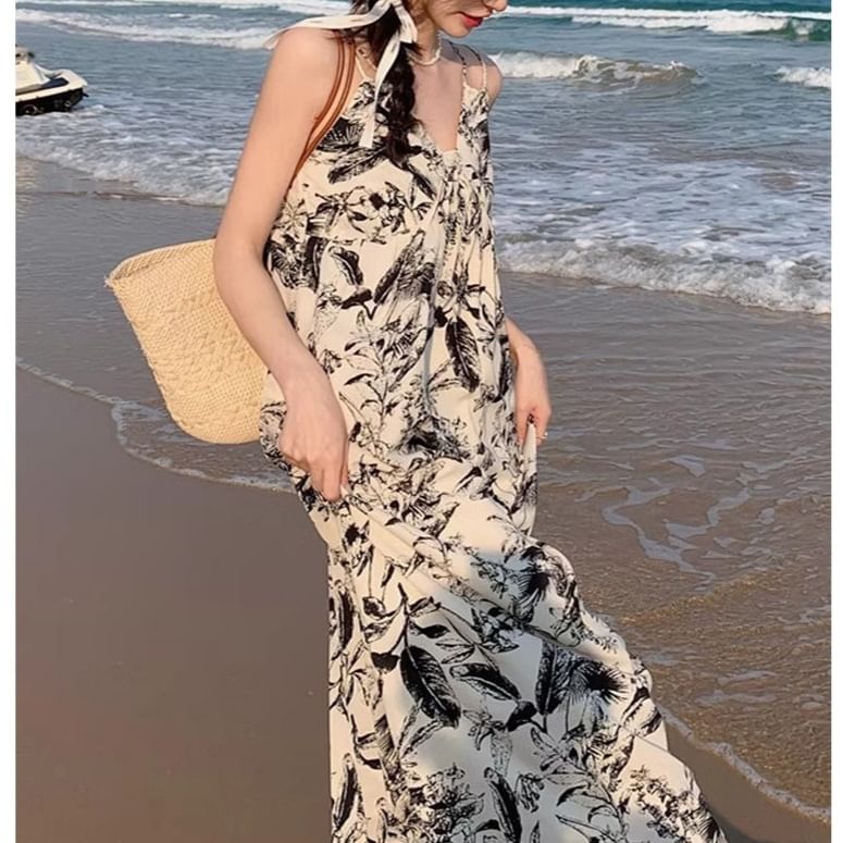 Dress Floral V-Neck Maxi Strap Print Spaghetti