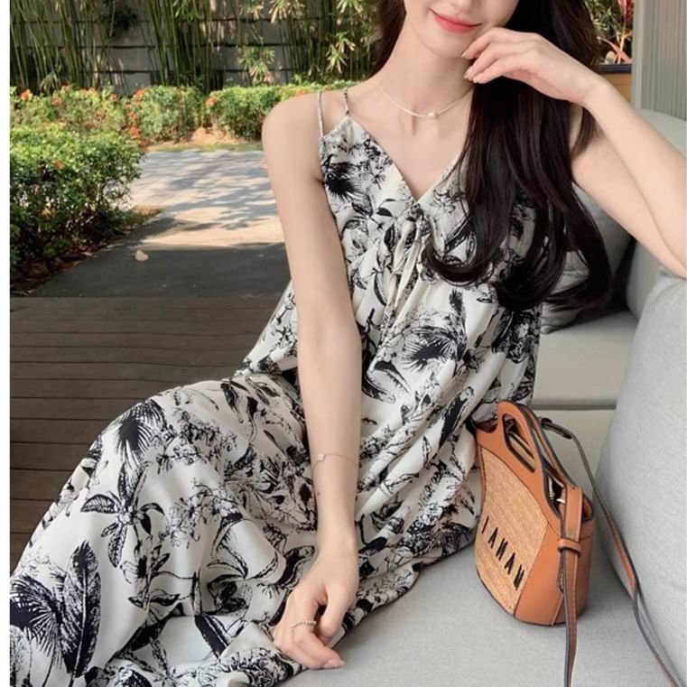 Dress Floral V-Neck Maxi Strap Print Spaghetti