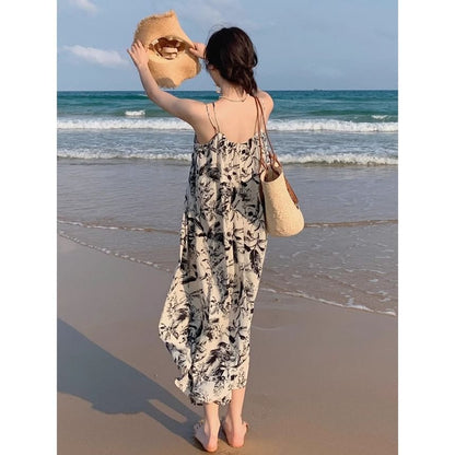 Dress Floral V-Neck Maxi Strap Print Spaghetti