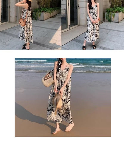 Dress Floral V-Neck Maxi Strap Print Spaghetti