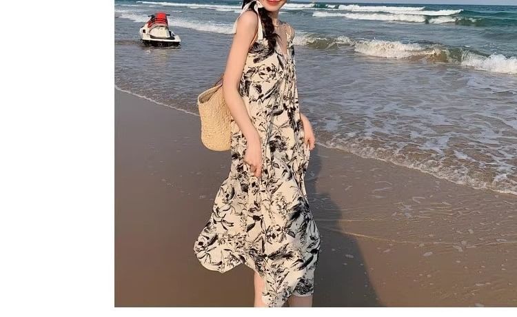 Dress Floral V-Neck Maxi Strap Print Spaghetti