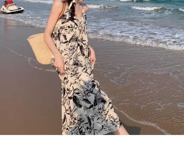 Dress Floral V-Neck Maxi Strap Print Spaghetti