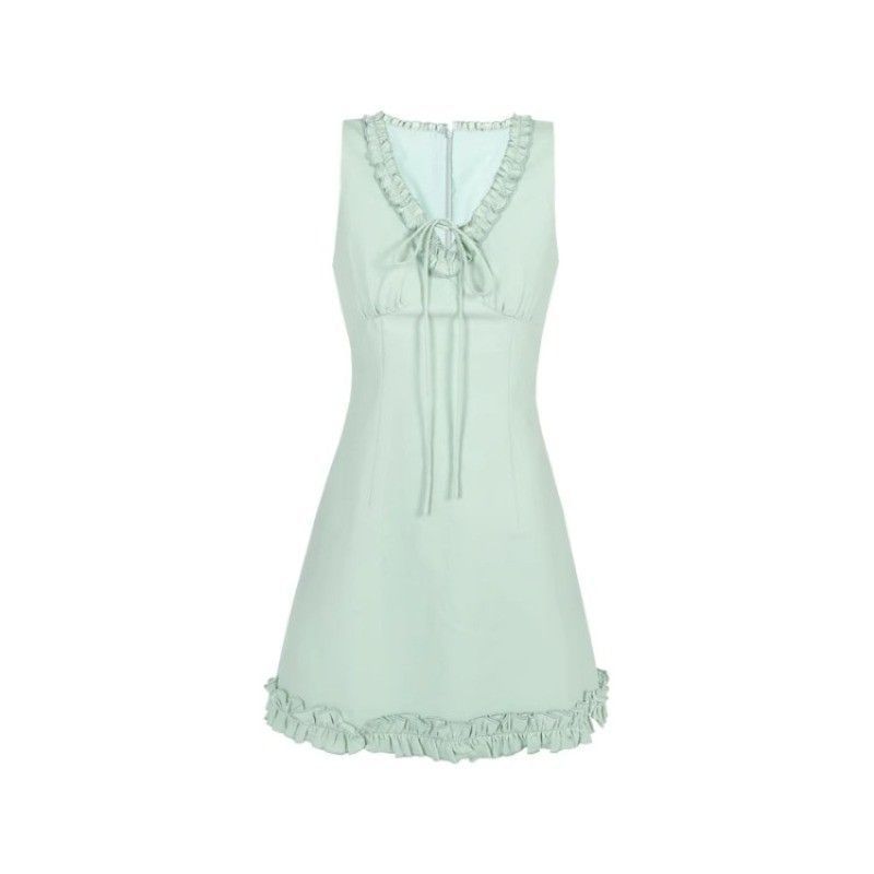 Trim Dress Sleeveless Mini Ruffle V-neck