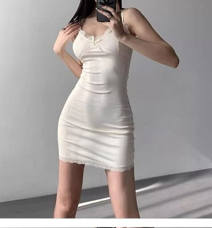 Trim Lace Dress V-Neck Bodycon Strap Mini Spaghetti Plain