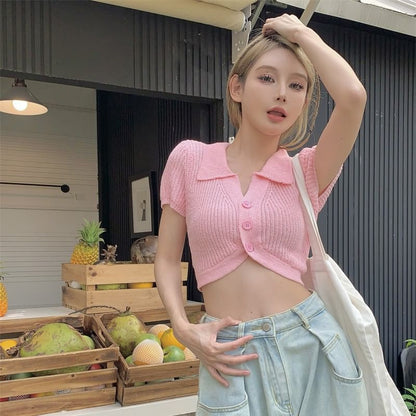Knit Collared Short-Sleeve Top Plain Crop