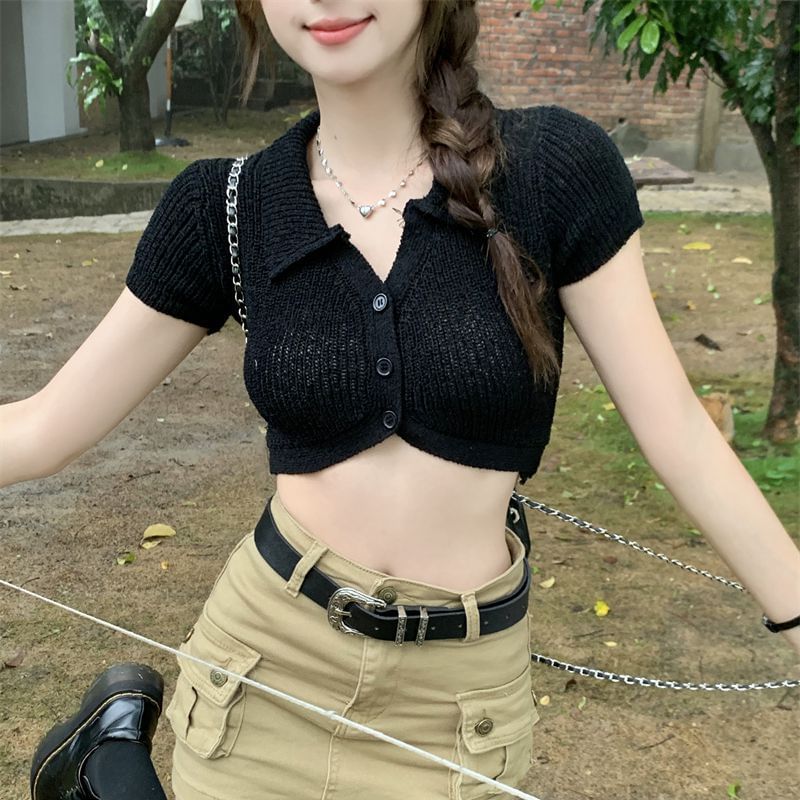Knit Collared Short-Sleeve Top Plain Crop