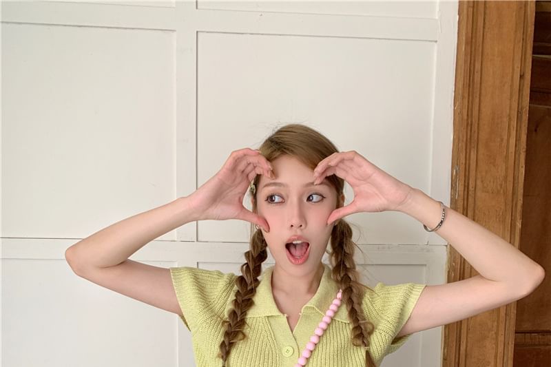 Knit Collared Short-Sleeve Top Plain Crop