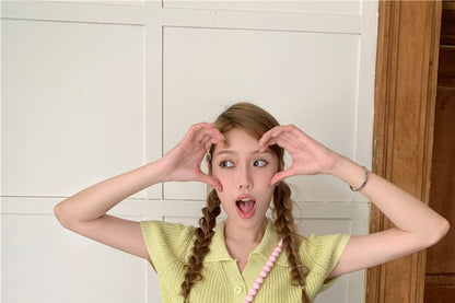 Knit Collared Short-Sleeve Top Plain Crop