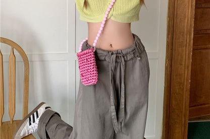 Knit Collared Short-Sleeve Top Plain Crop