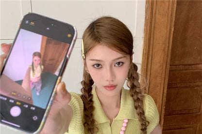 Knit Collared Short-Sleeve Top Plain Crop