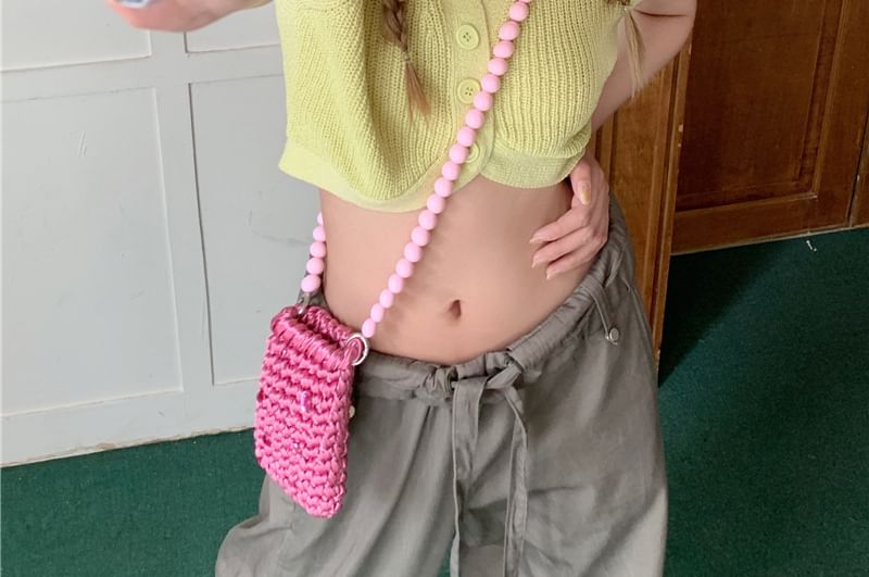 Knit Collared Short-Sleeve Top Plain Crop