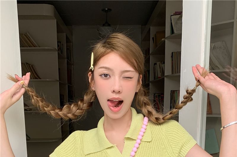 Knit Collared Short-Sleeve Top Plain Crop