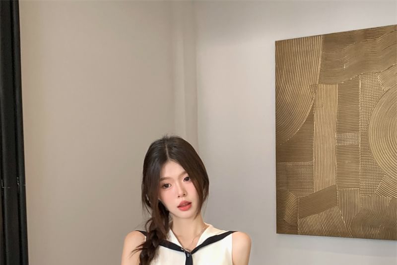 Sleeveless Knit Collar Sailor Button-Up Top