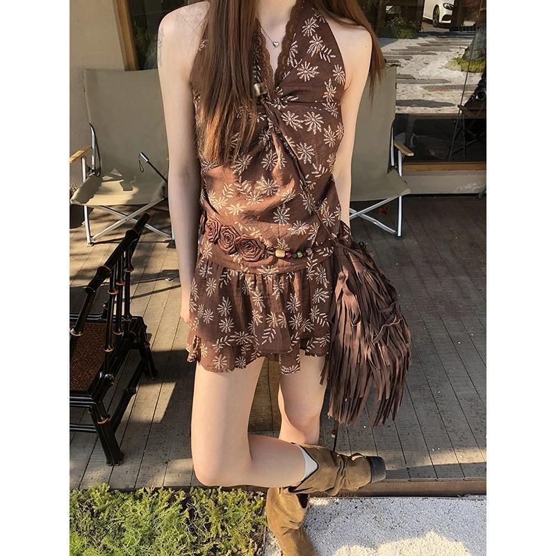 / Print Sleeveless Top Mini V-Neck Skirt