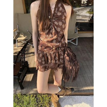 / Print Sleeveless Top Mini V-Neck Skirt