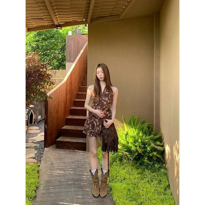 / Print Sleeveless Top Mini V-Neck Skirt