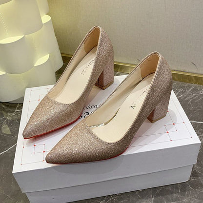 Block Pumps Pointed Glitter Toe Heel