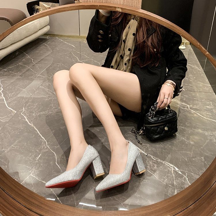 Block Pumps Pointed Glitter Toe Heel