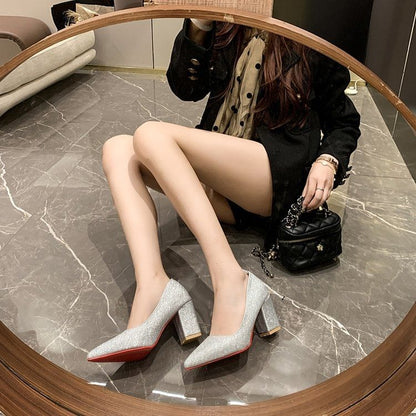 Block Pumps Pointed Glitter Toe Heel