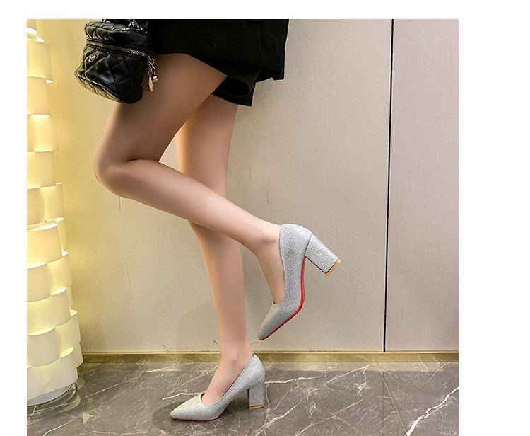 Block Pumps Pointed Glitter Toe Heel