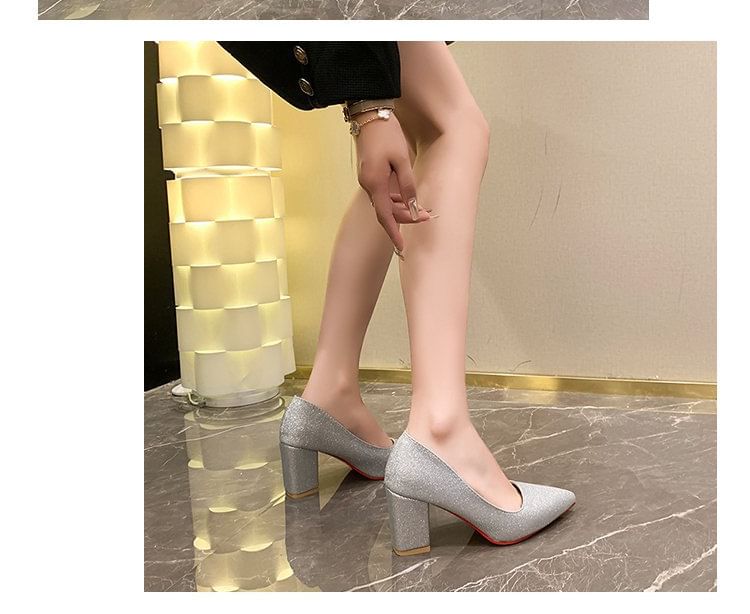 Block Pumps Pointed Glitter Toe Heel