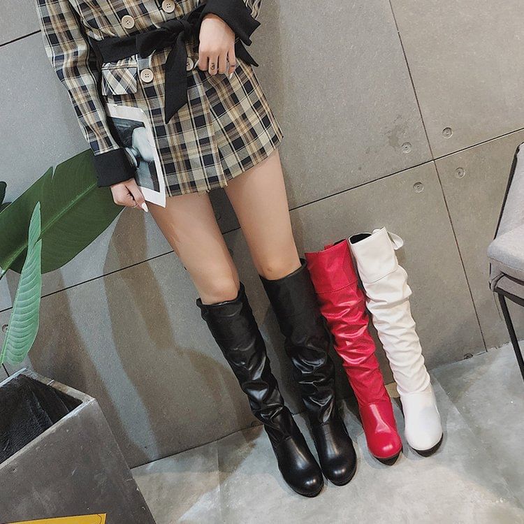Knee High Ruched Bow Boots