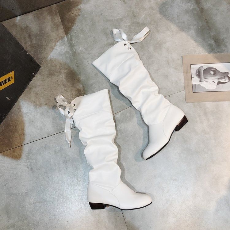 Knee High Ruched Bow Boots