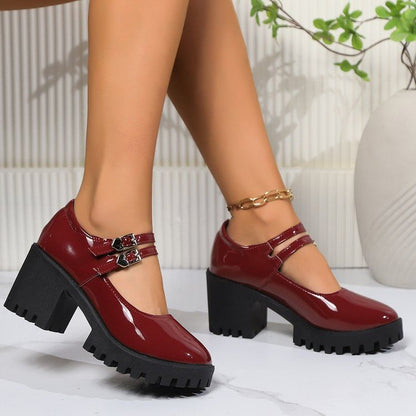 Heel Jane Pumps Block Platform Patent Leather Mary