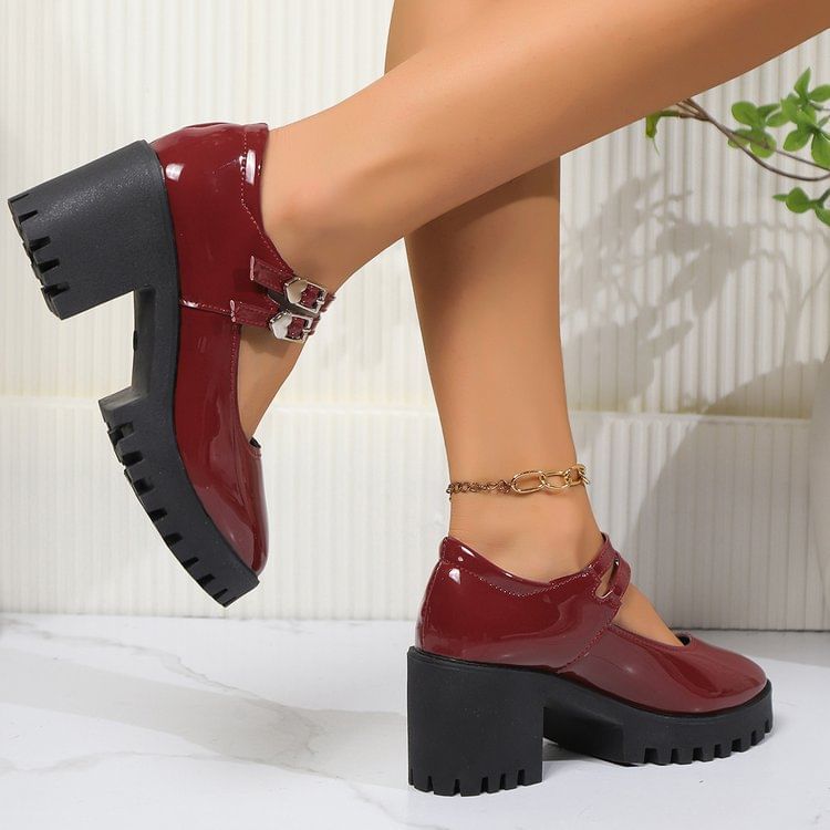 Heel Jane Pumps Block Platform Patent Leather Mary