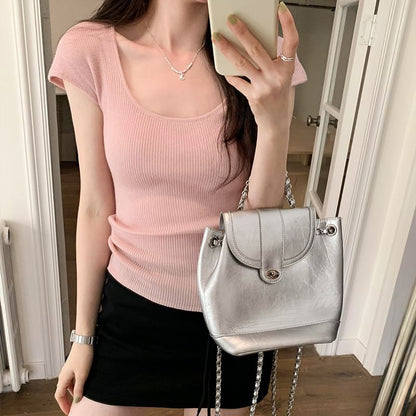 Top Neck Plain Cap-Sleeve Knit Scoop